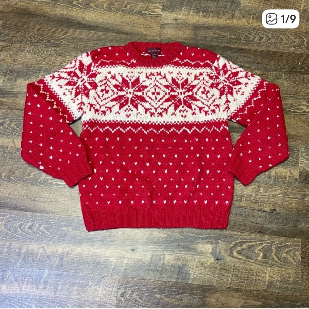 Vintage John Ashford Men Large Handknit Shetland 100% Wool Red Fair Isle Sweater